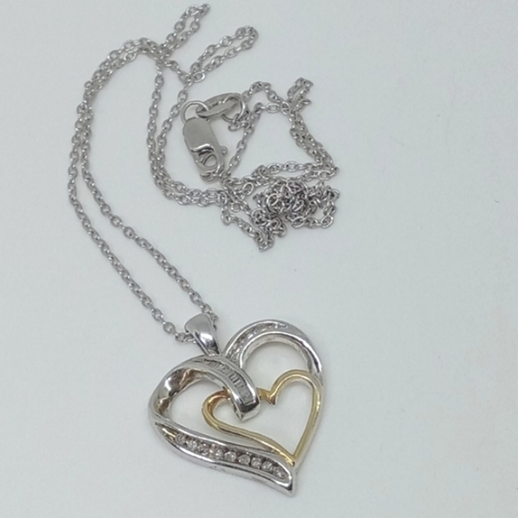 * 925 SUN double hearts two tone sterling silver necklace 18" - Picture 1 of 4